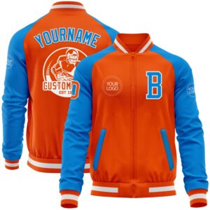 Custom Orange White-Powder Blue Bomber Varsity Letterman Two Tone Zipper Jacket